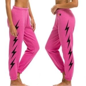 Aviator Nation Pink Joggers with Black Lightning Bolts